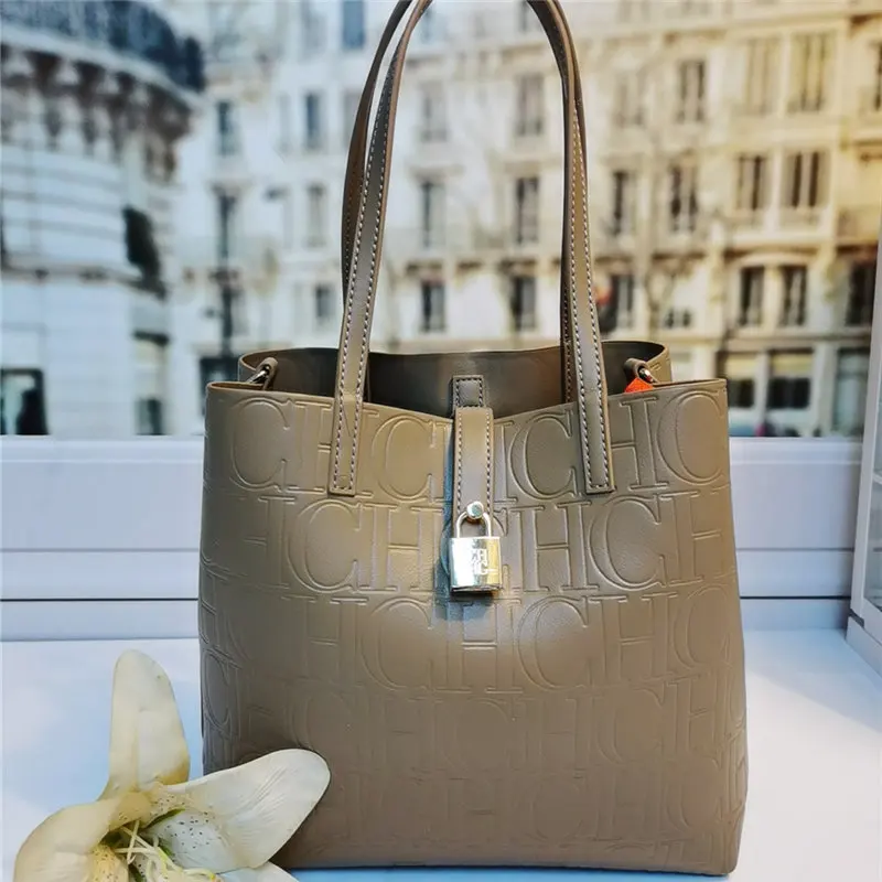 

100% Genuine Cowhide Large Capacity Printing 2022 New Letter CHCH HCHC Single Shoulder Messenger Handbag Fashion Bucket Bag Sac