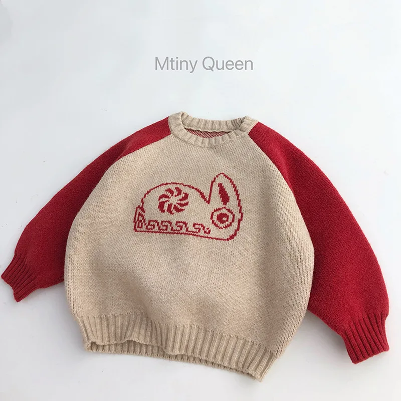

2023 Autumn Winter Kids Boys Tops Patchwork Knitted Cartoon Loose Sweater Simple Versatile Pullover Children Boys Sweater