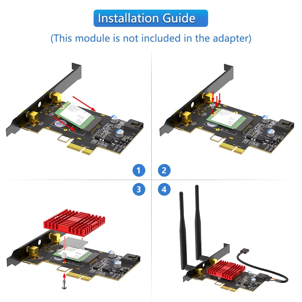 Фото Адаптерная карта PCIe X1 для M.2 с поддержкой Wi-Fi и Bluetooth, с радиатором охлаждения, для M.2 NGFF A+E Key 3160 3165 7260 7265 AX200 AX210 №1