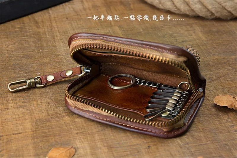 Vintage handmade natural real cowhide men's women's key cases fashion casual genuine leather samll ID card holder coin purse