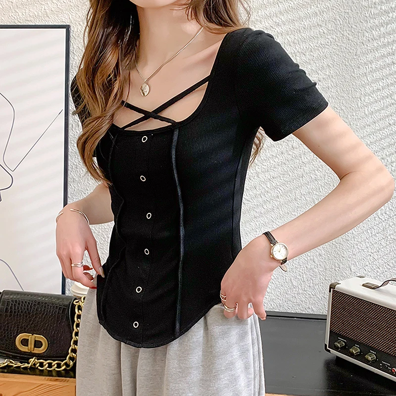 GGRIGHT белая черная хлопковая Футболка с видимым швом модный летний топ женские