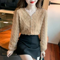 three dimensional flower lace women shirt v neck loose shirt chic super fairy top camisas mujer dot women button up shirts