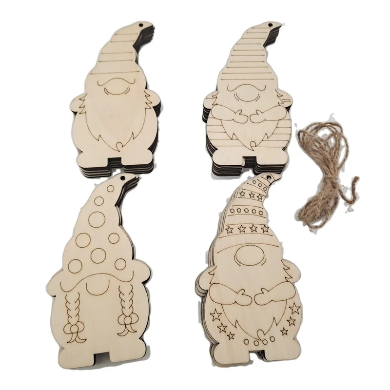 10pcs Christmas Wooden Gnome Hanging Ornaments Unfinished Wood Cutouts Slices with Rope Christmas DIY Craft Making Painting