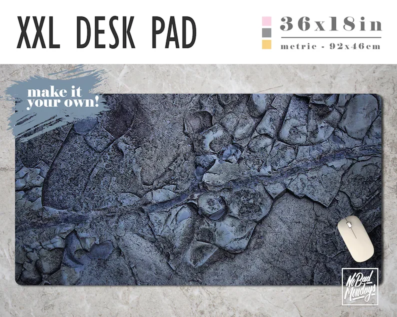 Blue Granite Print Extra Large Desk Pad with Available Custom Monogram - Extended Mouse Mat - 36x18in