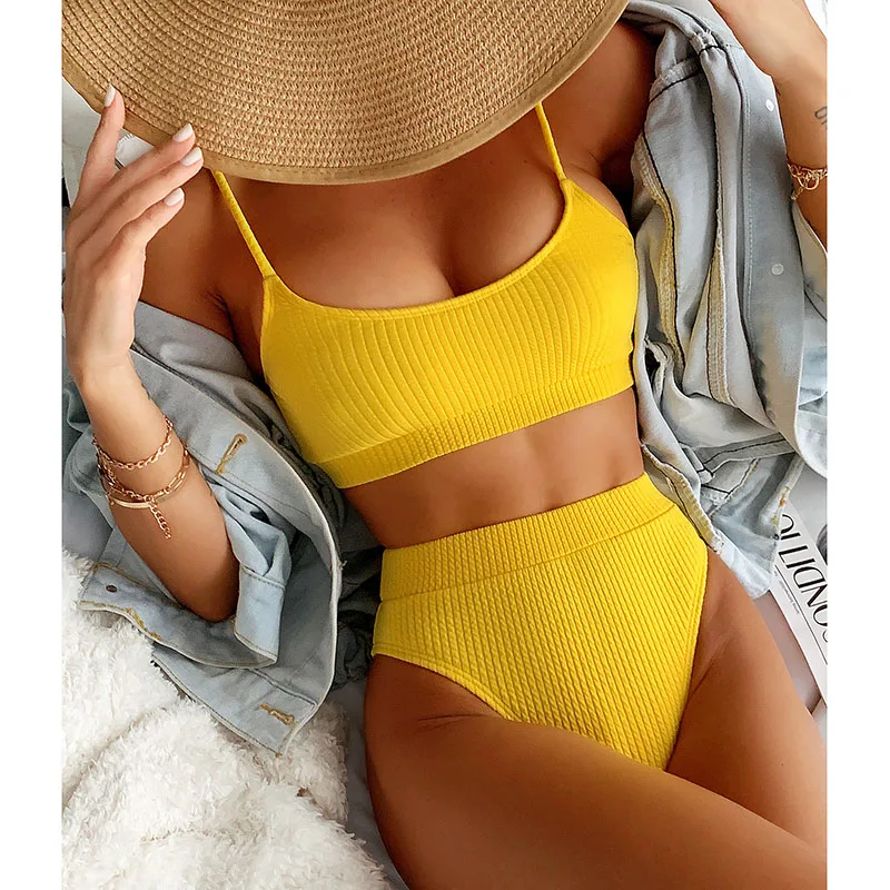 

High Waist Bikinis Swimsuit Women Push Up Sexy Solid Ribbed Sling Bathing Suits Summer Triangle Bikini Swimwear Beachwear Sets