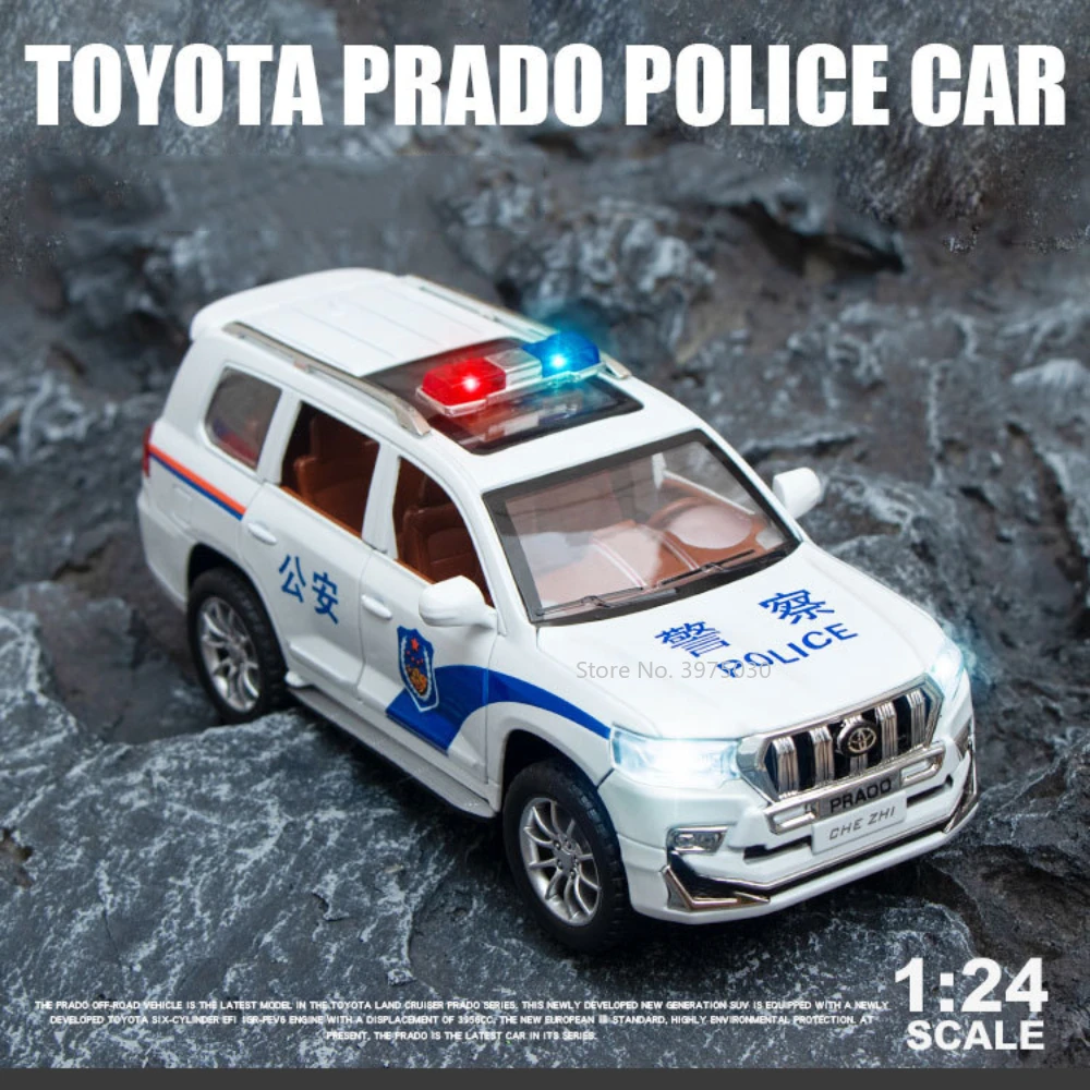 

1:24 Scale Toyota Prado Police Car SUV Alloy Diecasts Model Toy Simulation Off Road Car With Sound Light Pull Back Toys For Gift