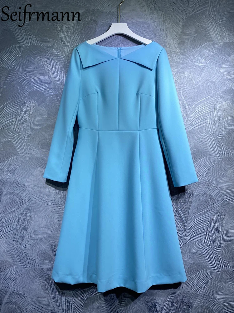 

Delocah High Quality Autumn Women Fashion Runway Midi Dress Long Sleeve Blue Print Elegant Slim Big Swing Ladies A-Line Dresses
