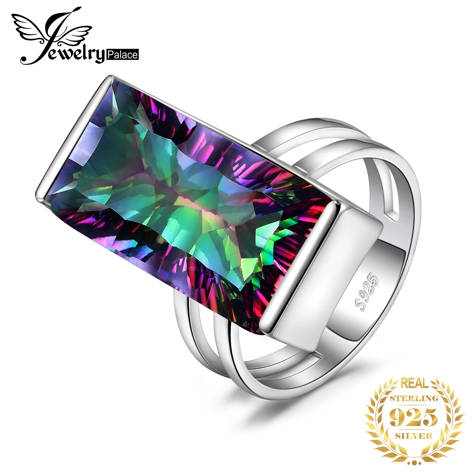 

JewelryPalace Large Genuine Natural Rainbow Fire Mystic Quartz Solid 925 Sterling Silver Ring for Women Statement Cocktail Ring