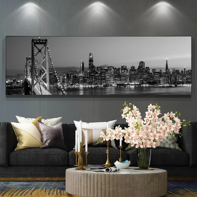 Черно-белые плакаты с изображением Нью-Йорка ланскейка Манхэттена ночные холст