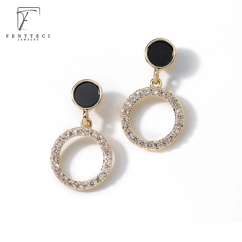 FENTTECI 925 Sterling Silver High-quality Black Agate Temperament Stud Earrings Sweet Earrings With Imitation Diamond Earrings