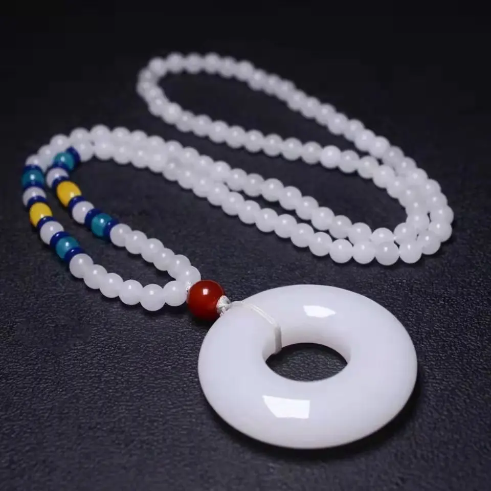 

Natural White Jade Blank Pendant Beaded Necklace Women Fashion Jewellery Jades Donut Charms Sweater Chain Lucky Amulet Necklaces