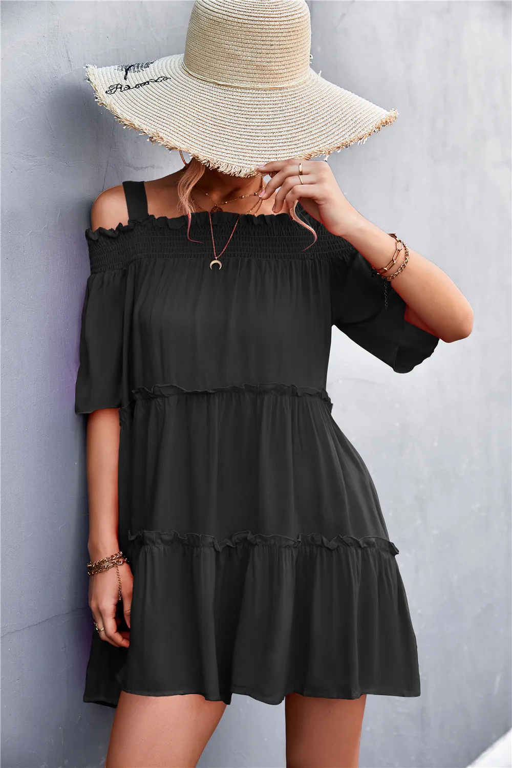 

Женское однотонное платье с открытыми плечами, повседневное свободное платье составного кроя на бретельках с оборками и складками для пляжа и вечеринок, модель C3803 на лето, 2022