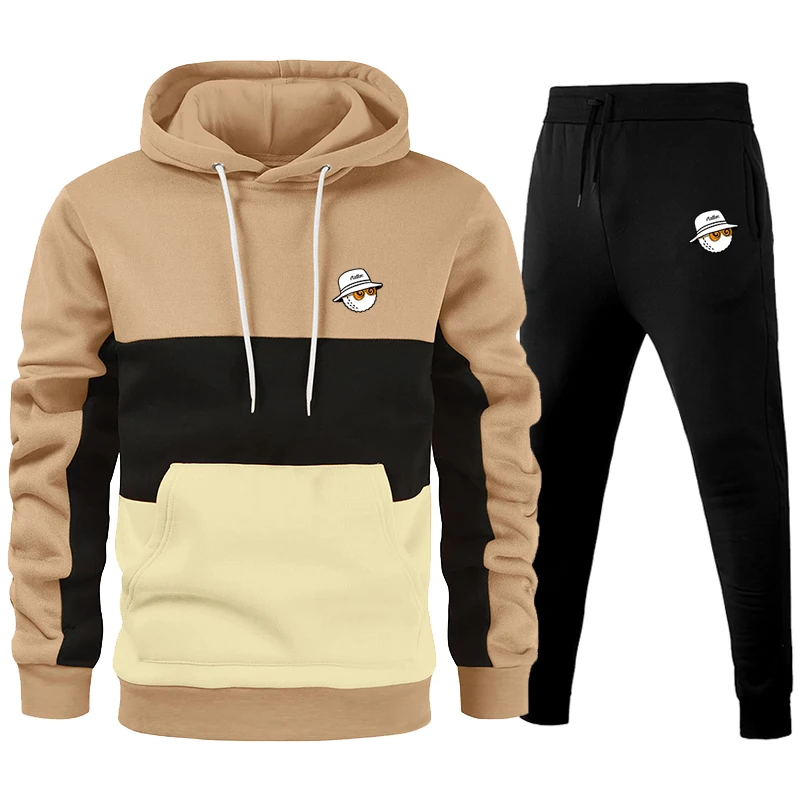 New Men's Patchwork Hoodies Sweatshirt+Sweatpants Suit Golf Autumn Winter Warm Sportswear Sets Tracksuit Men Pullover Jacket Set