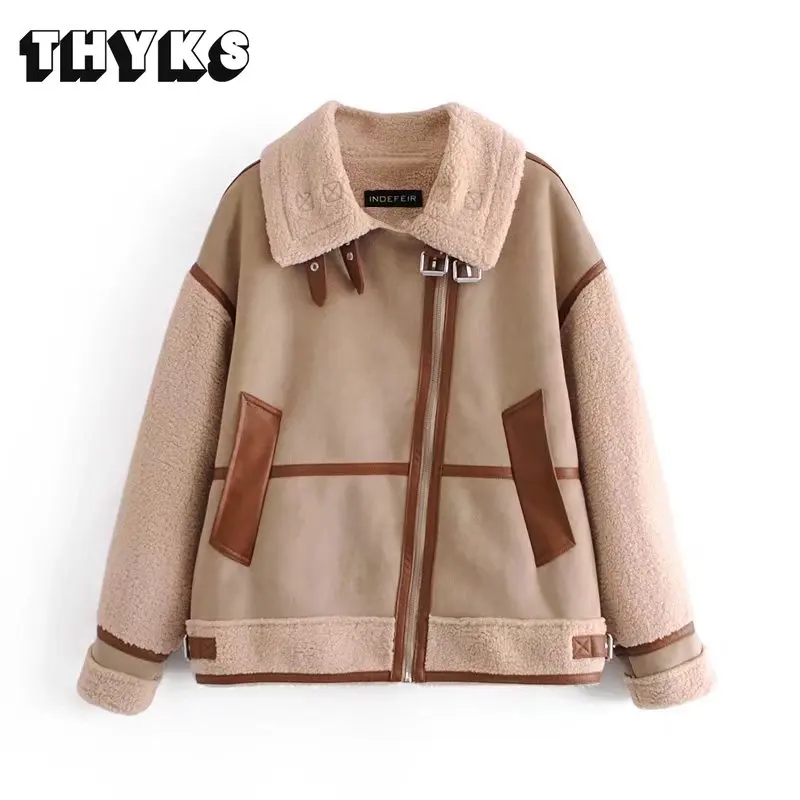 

Winter Womens Patchwork Suede Lambswool Biker Jackets Thick Warm Vintage Coat Chic Loose Faux Leather Outwear Female Overcoat