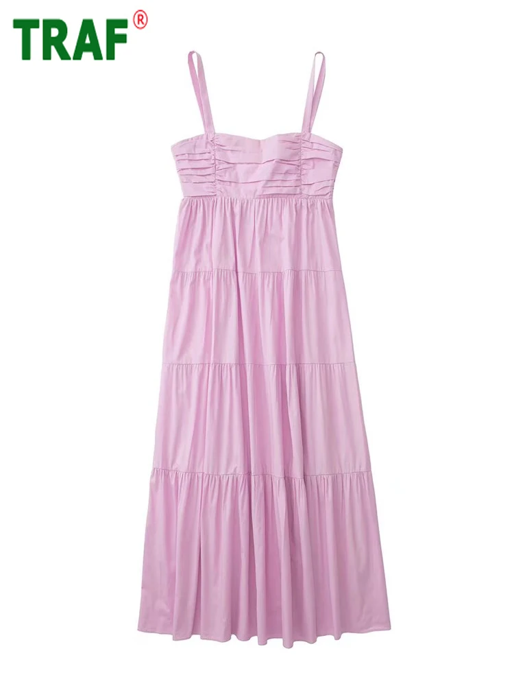 

TRAF 2022 Pink Ruched Dress Woman Fairy Slip Long Dress Women Straps Backless Woman Dresses Summer Pleated Midi Female Dress