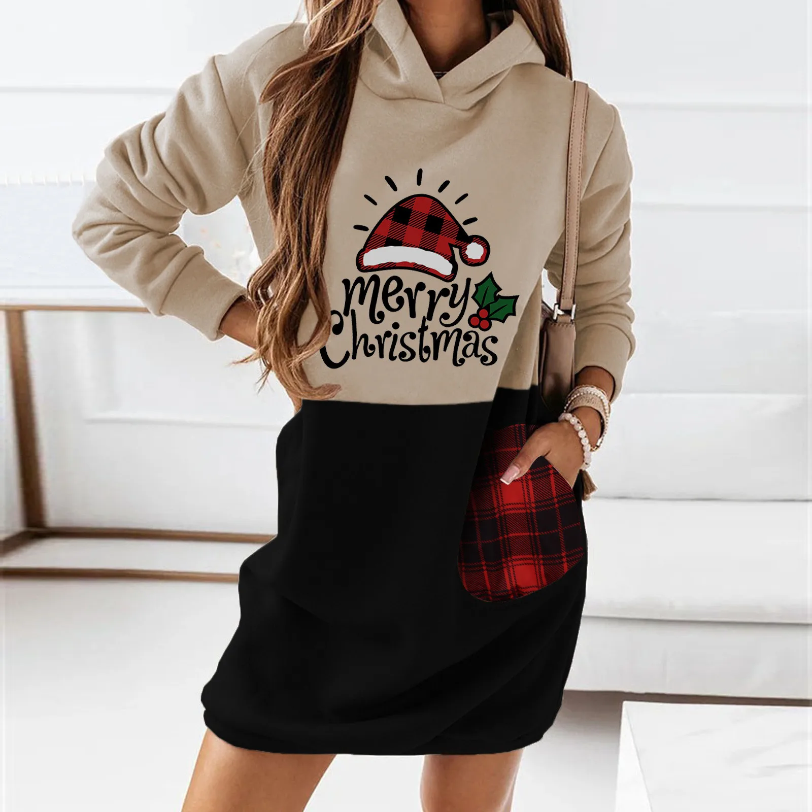 

Womens Christmas Splicing Long Sleeve Sweatshirt Hooded Dress With Pockets