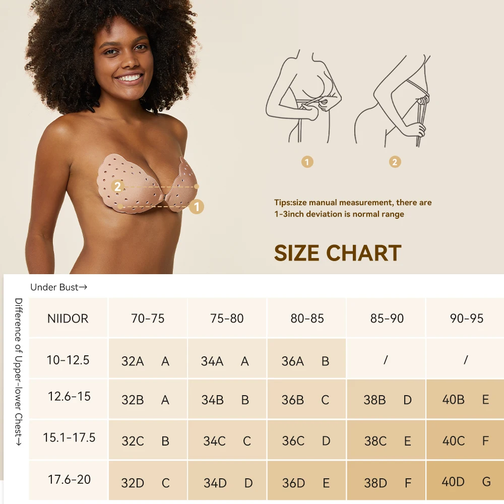 Niidor Adhesive Sticky Bra Invisible Strapless Breathable Skin Friendly Push Up Bras with Silicone Nipple Covers for Women Dress