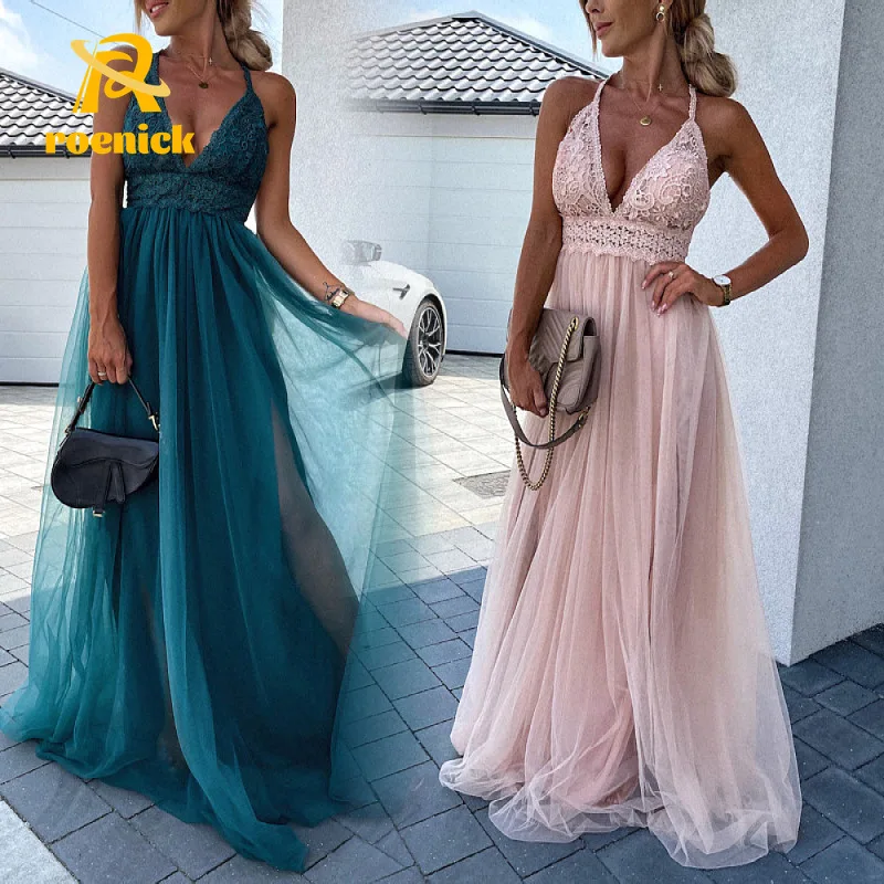 

ROENICK Women Chic Solid Party Maxi Dress Sexy Deep V-Lace Patchwork Mesh Ball Gowns Lady Backless Cross Vestidos Prom Sundress