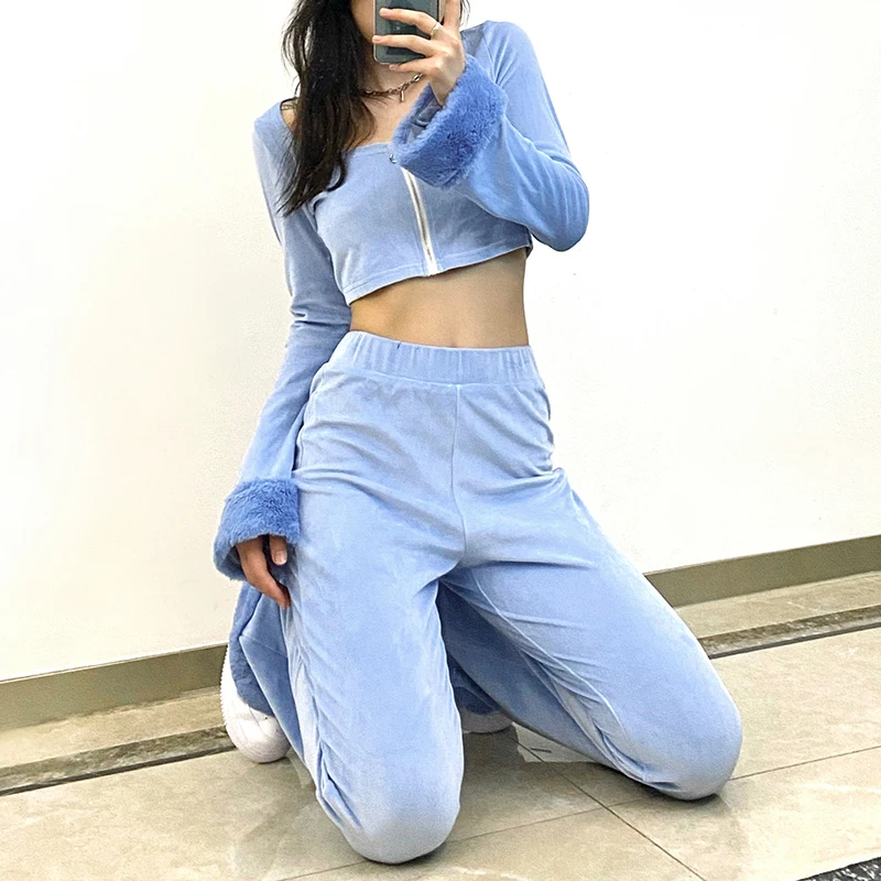

2021 Casual Basic Blue Furry Short Top T-shirt Women's Combination Cardigan Long Sleeve Velvet New Casual Pants Two-Piece Set