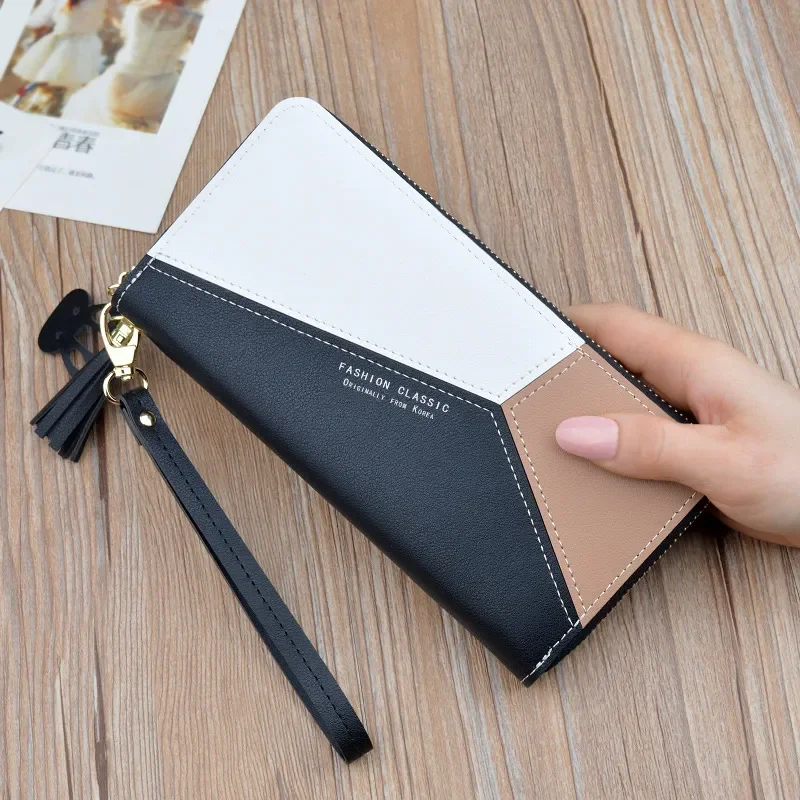 Women Wallets with Zipper Pink Phone Pocket Purse Card Holder Patchwork Women Long Wallet Lady Tassel Short Coin Purse