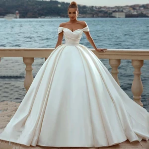 Elegant White Wedding Dresses 2023 Off Shoulder Sweep Train Bride Dress Lace Up Back Satin Wedding Evening Gowns Plus Size