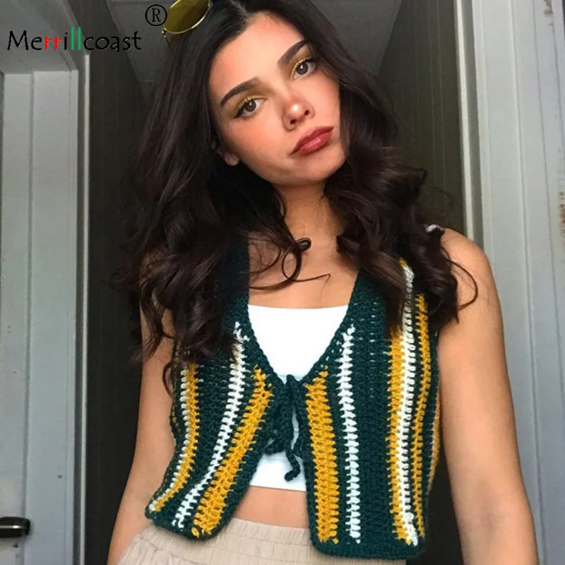 

Striped Cardigan Woman Sweater Vest Jersey Mujer Tops Korean Style Cropped Knit Top V-Neck Vintage Green Clothes Fashion 2022