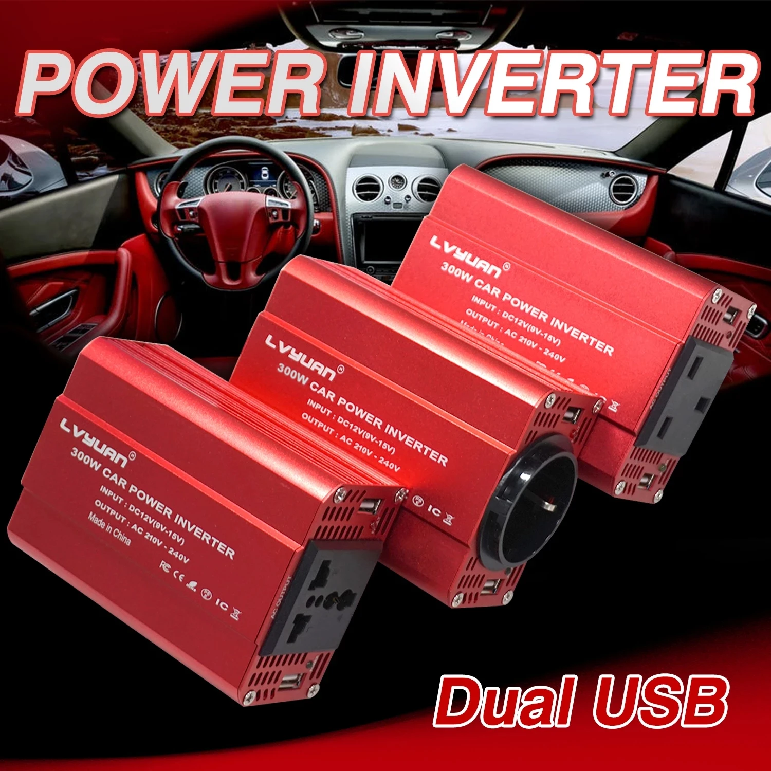 

Car Inverter 300W DC12V to 220V 230V Car Cigarette Lighter Plug Voltage Converter Dual USB EU/UK/AU/Universal Socket Accessories