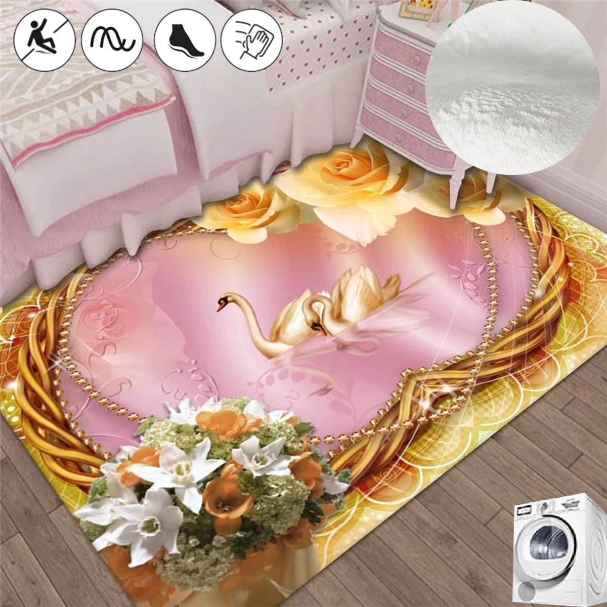 

Cute Swan Rugs for Bedroom Pink Girly Style Children's Room Floor Mat Soft Flannel Bedside Carpet Non-slip Unicorn Cloakroom Rug