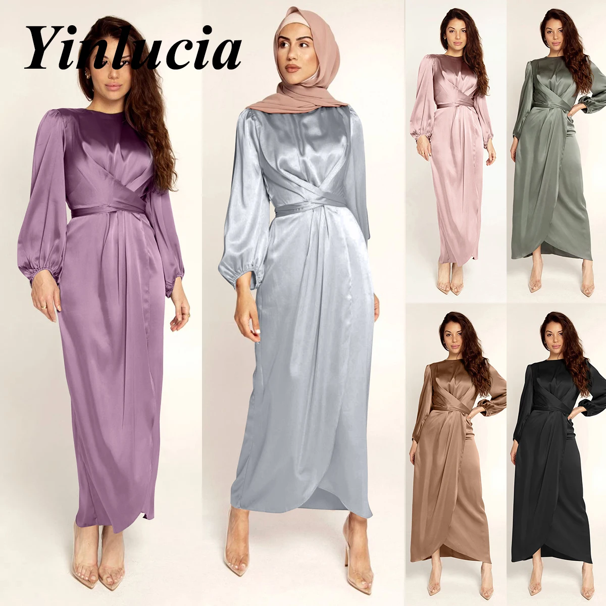 

Women Solid Color Satin Elegant Waist Dress Round Neck Long Sleeves Exquisite Tailored Dresses Muslim Ladies Comfortable Casual