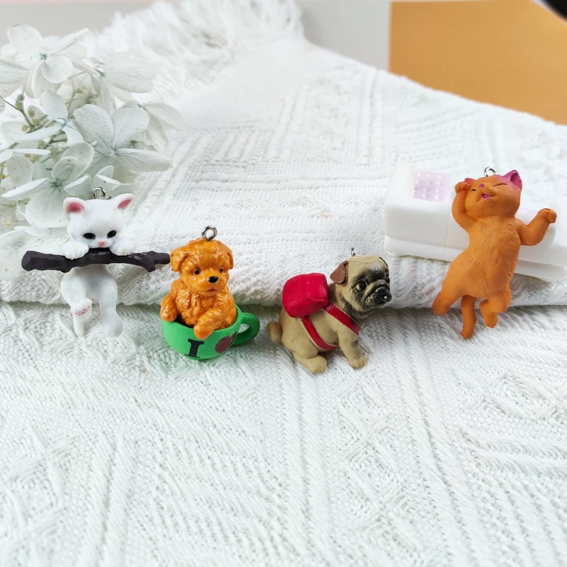 

MuhNa 6pcs/pack Cute Teacup Dog Branch Cat Resin Charms for DIY Jewelry Making 3D Animals Keyching Pendants