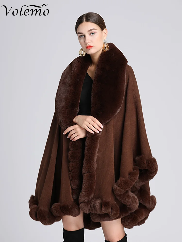 

Volemo Winter Elegant V Lapel Faux Rex Rabbit Fur Coat Cape Winter Women Big Long Shawl Full Trim Fur Knit Cloak Overcoat Parka