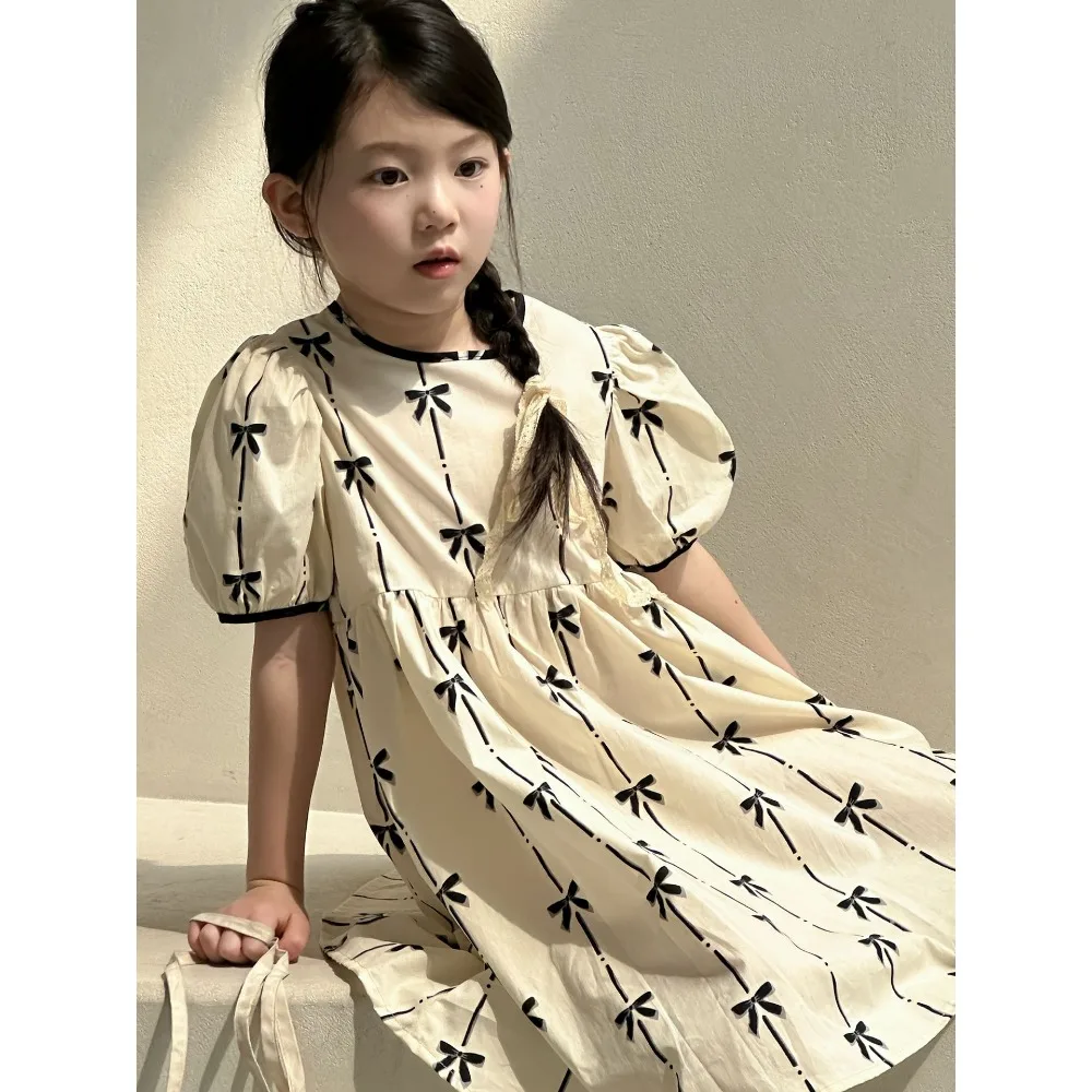 Платье для девочек в корейском стиле новинка 2024 летнее платье Babydoll с бантом и