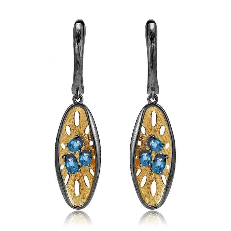 

Vintage Metal Two Tone Black Gold Dangle Earrings for Women Ethnic Irregular Round Inlaid Sea Blue Stones Drop Earrings Jewelry