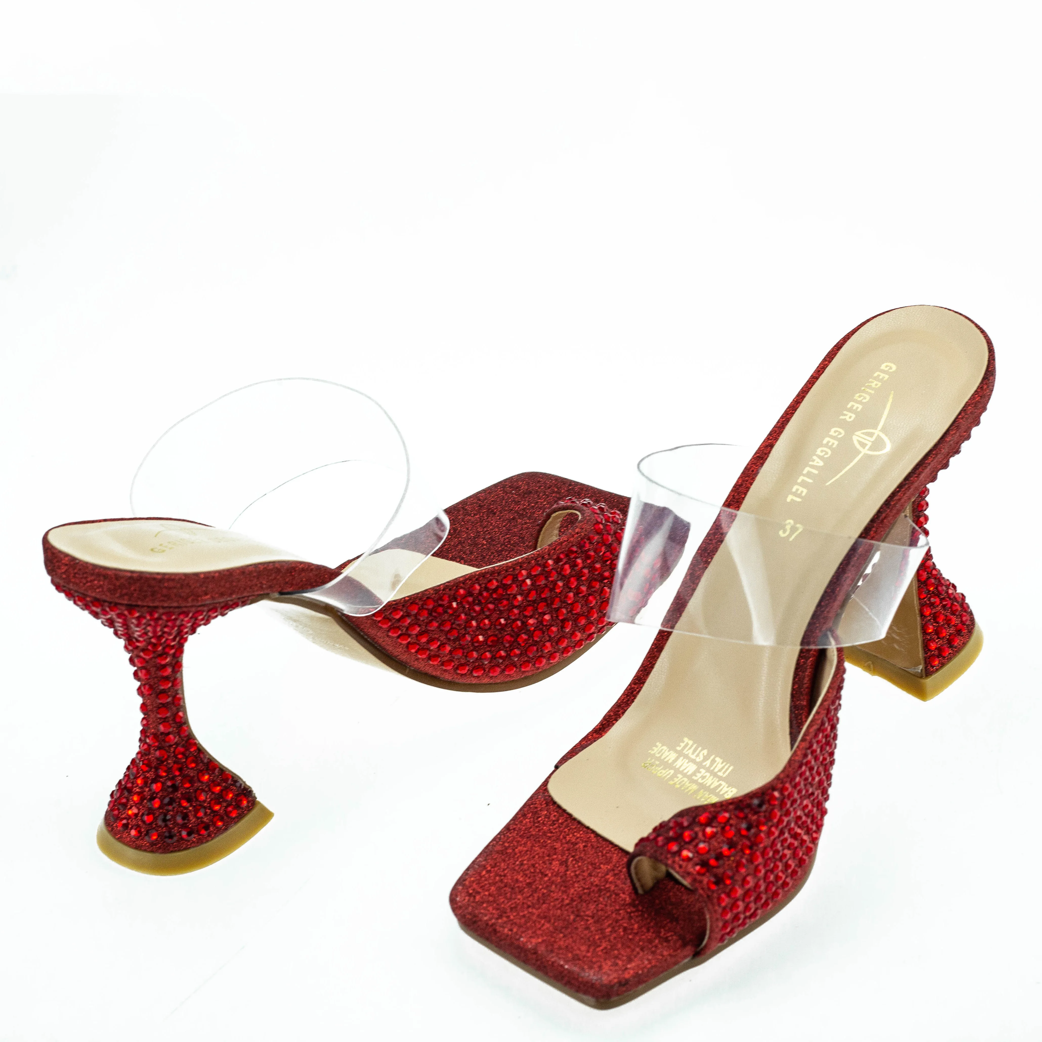 Red Bling Bling Flip-flops Women Clear Sandals PVC Summer Jelly Shoe Glitter Wed High Heels Chunky Heeled Sandals Lady Sexy Mule