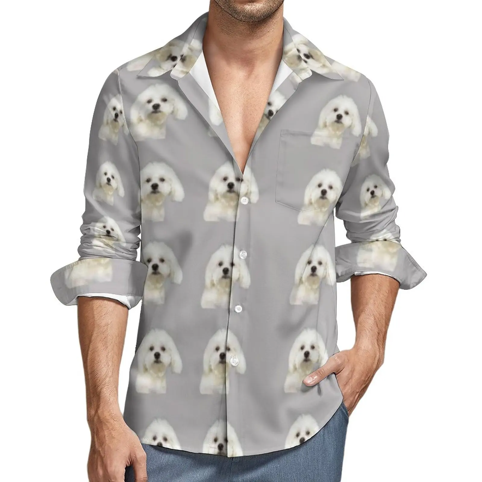 

Dog Funny Casual Shirt Mens Maltese Pet Shirt Spring Fashion Blouses Long Sleeve Design Oversized Clothing