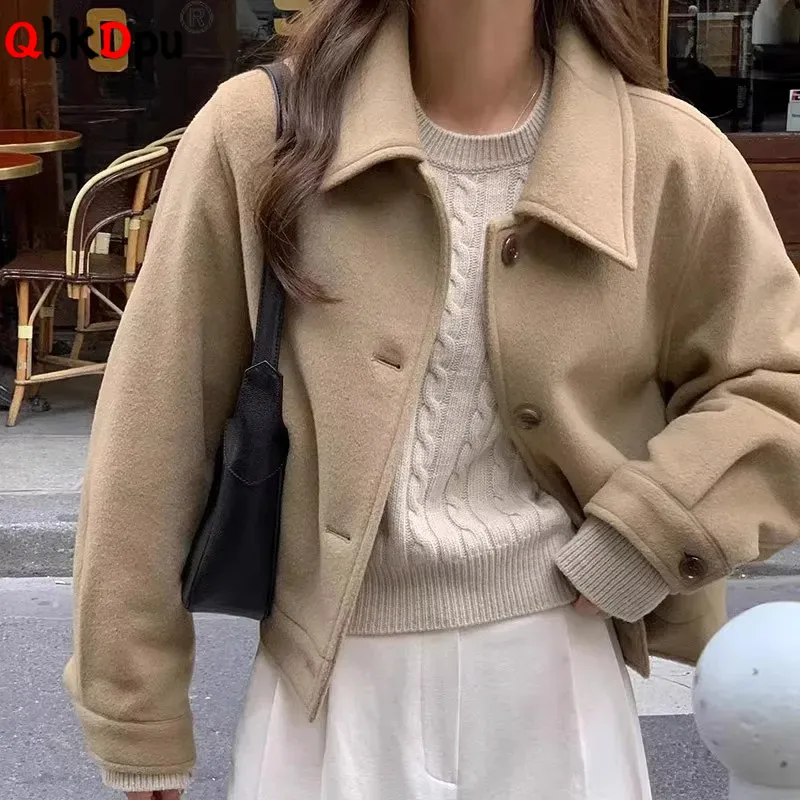 

Korean Warm Short Woolen Coat Single Breasted Women Thick Casaco Overcoat Fall Winter Turn Down Collar Solid Loose New Jackets