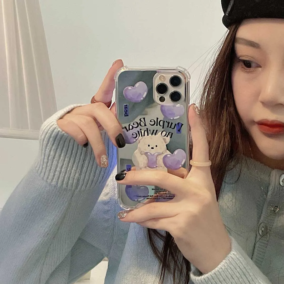 

Mirror Phone Case For Iphone 13 Pro Max 8 Plus 7 8 Plus XR X XS XSMAX Blue Heart Bear Soft Cover For Iphone 11 12 13 Pro Max