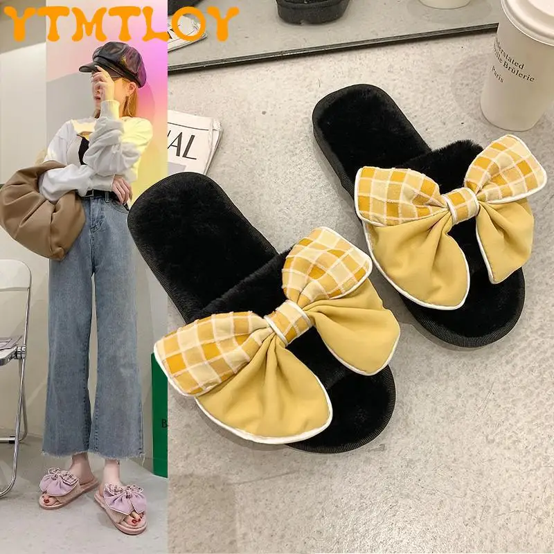 

2021 New Flip Flop Sandals Women Open-toed Plush Bow Slippers Flat Bottom Outer Wear Net Red Sandals And Slippers Summer