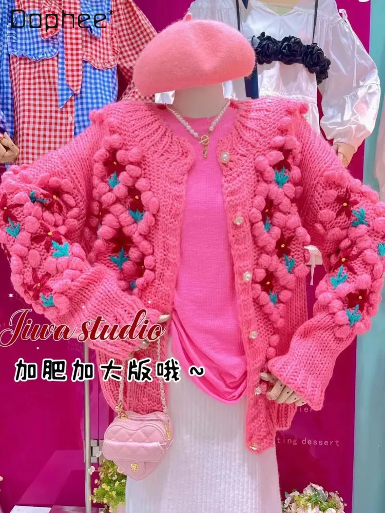 Sweet Three-Dimensional Flowers Single-Breasted Sweaters 2022 Autumn and Winter New Korean Style Bean Crocheted Sweater Coat