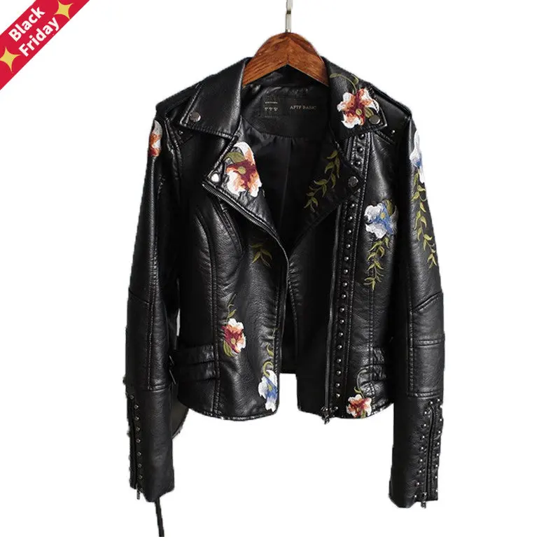 

Женская куртка из искусственной кожи с цветочным принтом, с вышивкой и отложным воротником