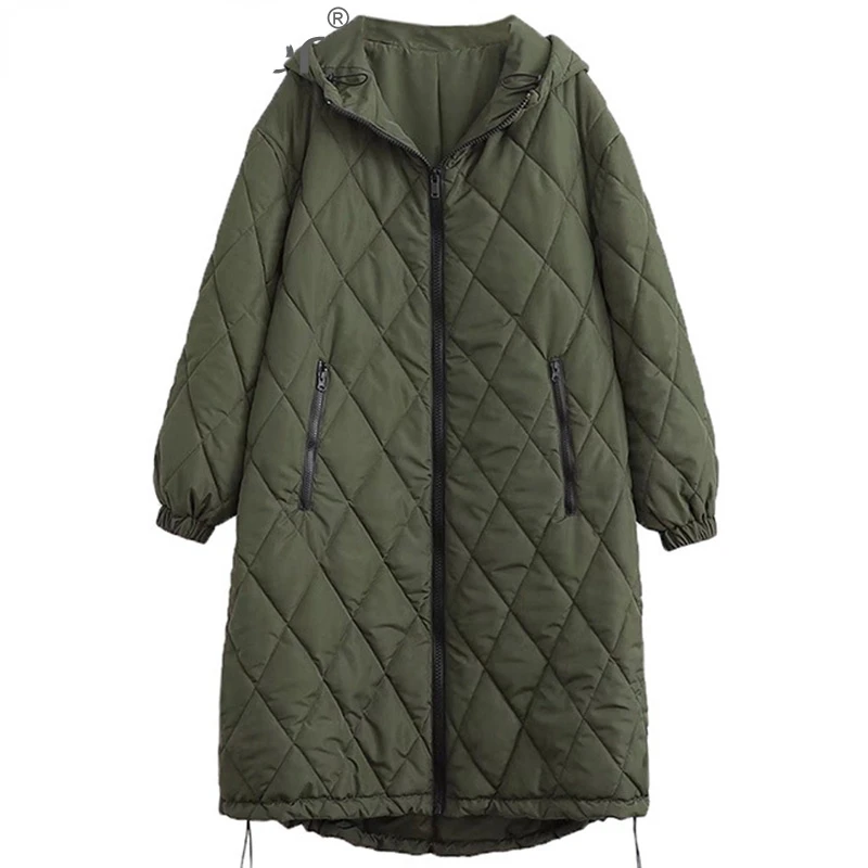 

2023New 2022 Woman Casual Traf Coats Winter Warm Argyle Quilted Padded Jacket Hooded Zipper Mid Length Loose Parkas Outwear