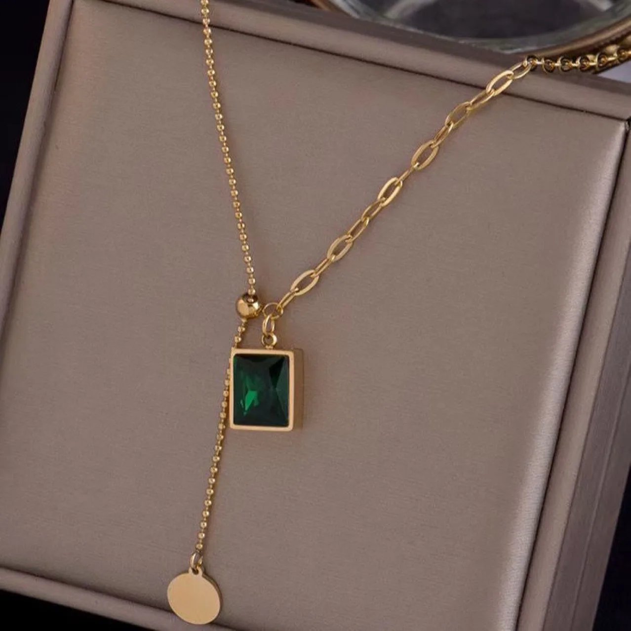 

316L Stainless Steel Gold Color Green Crystal Necklaces Collier Female Boho Fashion Jewelry Accessories Collar Choker Necklace