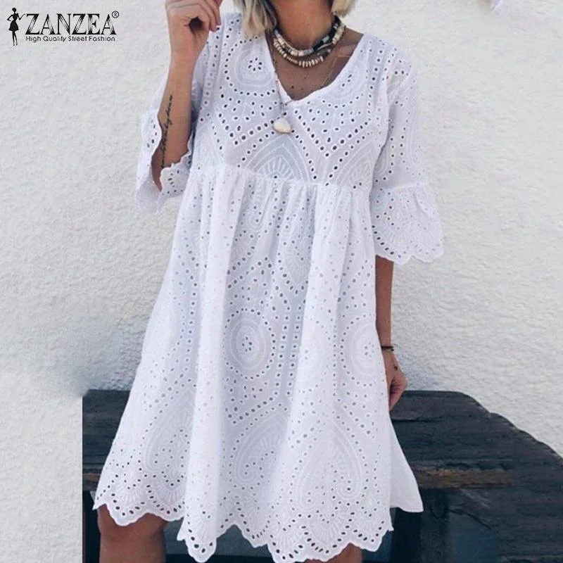

Women Bohemian Lace Crochet Dress Summer Sundress Flare Sleeve Hollow Out Casual Solid Cotton Linen Party Dresses