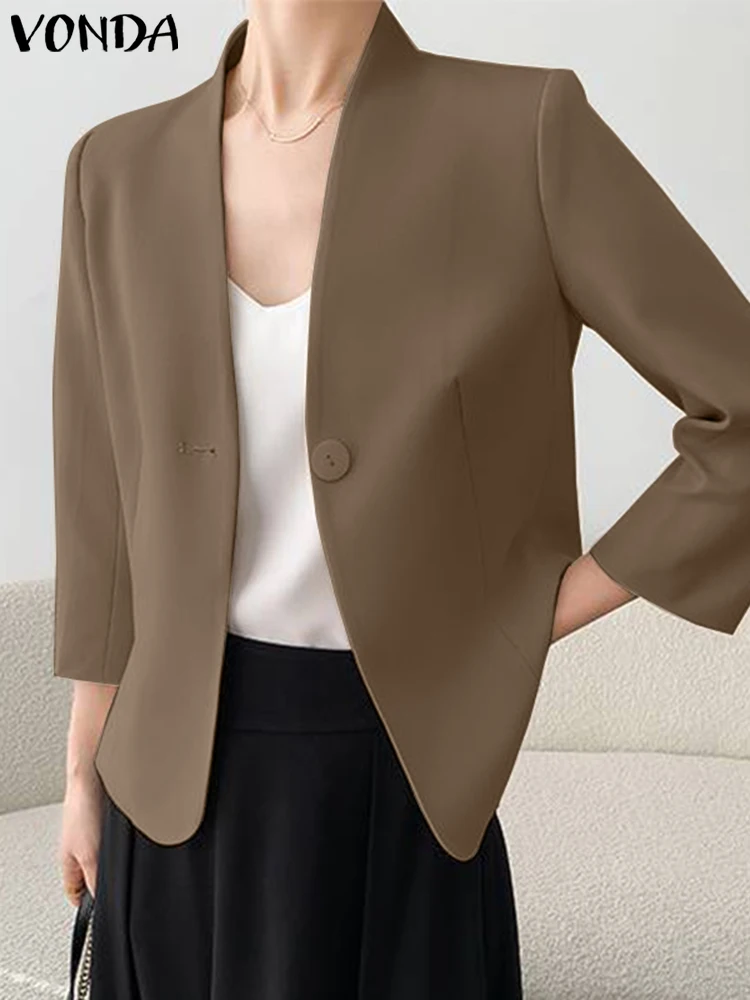 VONDA Elegant Coats Women Office Blazer 2023 Summer Fashion Sexy V Neck Casual Solid Color Coats Female Coat Streetwear