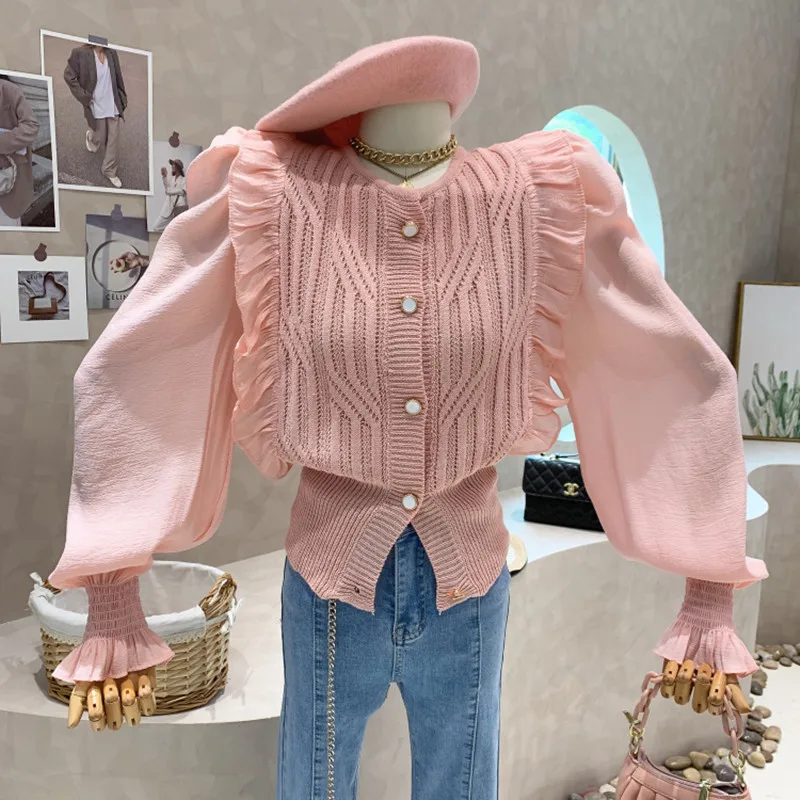 

New Women's Clothing 2022 Spring Sweet stitching long sleeved Ruffle knit cardigan sweater coat Tops femme blouses