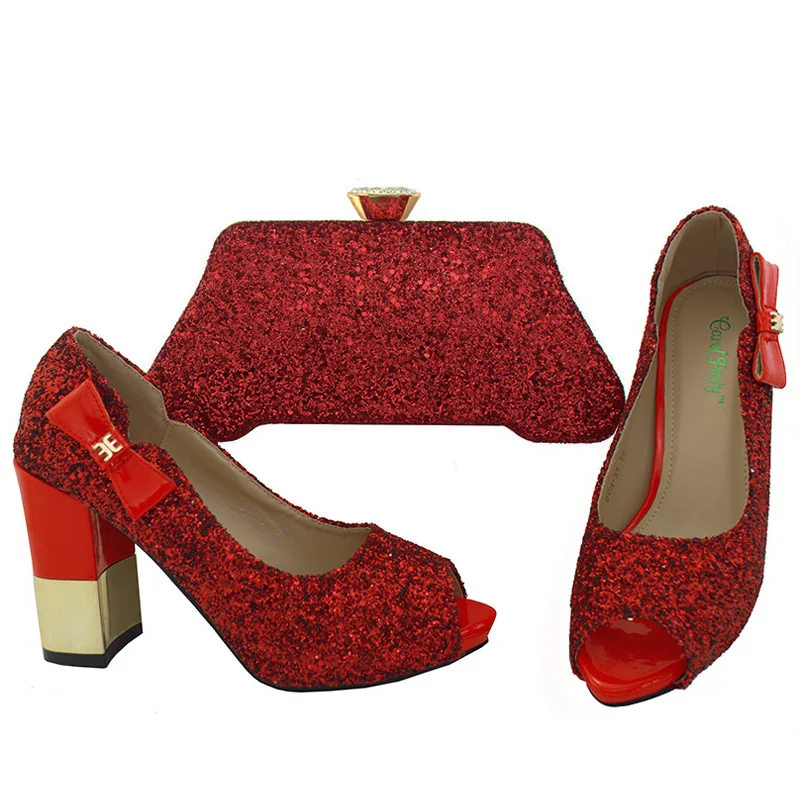 

Новейшая модная блестящая женская обувь с острым носком в итальянском стиле набор женской обуви и кошелька для вечерние красного цвета