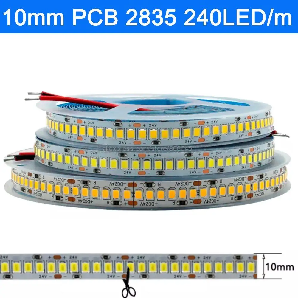 5m 5V 12V 24V DC SMD 2835 LED Strip Tape Light Ribbon 60/120/180/240/480LED/m Single Double Row 5mm 8mm 10mm 15mm Width PCB images - 6