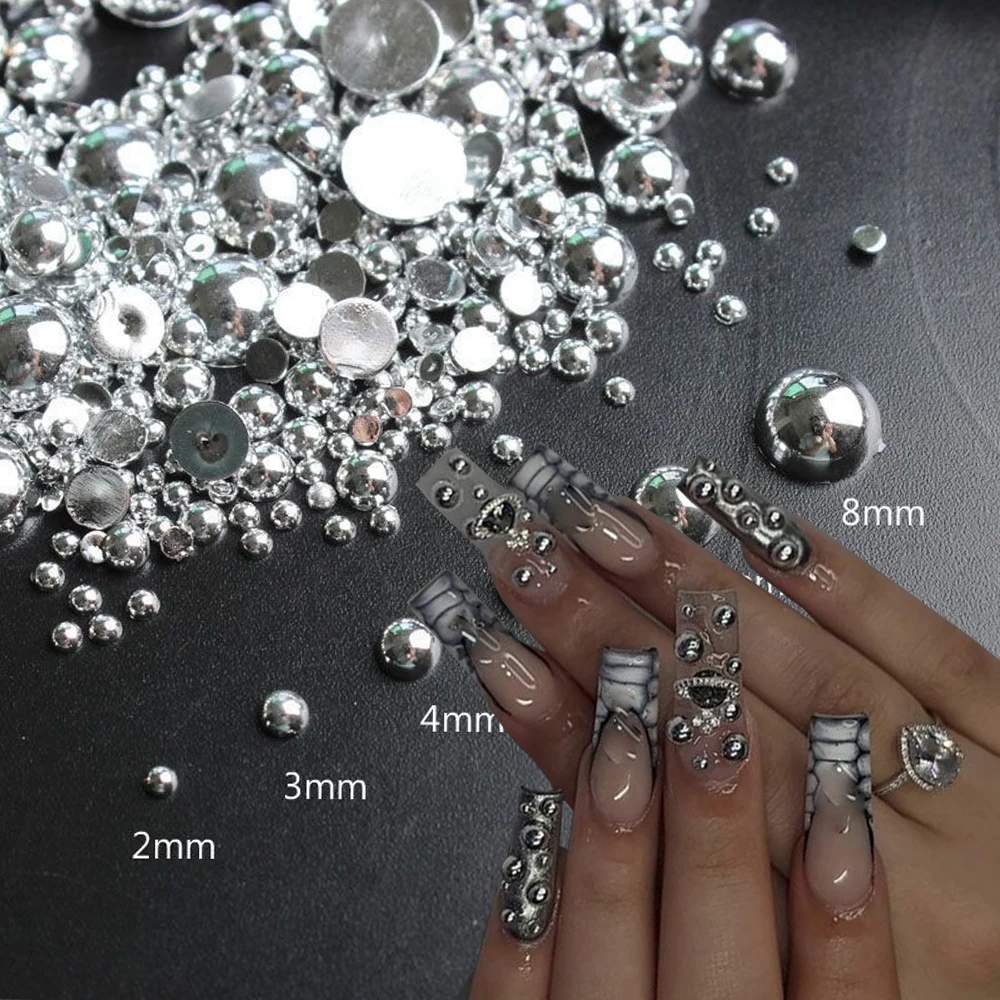 100Pcs Punk Half Round Pearl Nail Charm 2/3/4/5/6cm Gothic Black French nail with Chrome pearl DIY Silver Orb Manicure Decartion