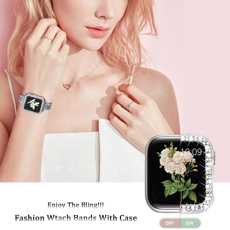 Stainless Steel Metal Strap For Apple Watch Band 8 7 6 44mm 40mm 45mm 42mm Diamond Case Women Bracelet For iWatch Series SE 5 3