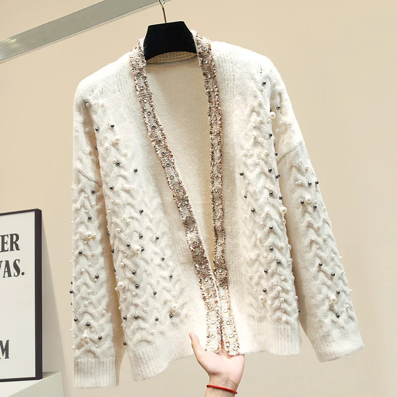 

Vintage V-neck Pearl Embroidery Sequin Twist Knitted Solid Women Sweaters 2022 Autumn New Long Sleeve Women Sweaters